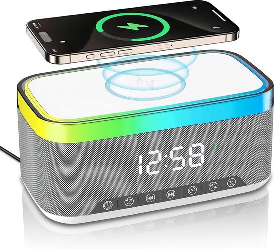 Bluetooth speaker met 15W draadloos opladen, digitale wekker, LED display, 2x10W stereo, 6 sfeerlampen, BT 5.3, USB, wit