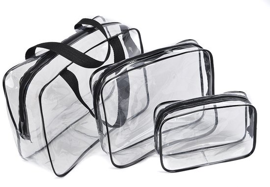 Sac à maquillage - Sac de rangement - Sac à main - Trousse de toilette - Transparent et étanche - Ensemble trois pièces - Grand noir 30 x 10 x 22 cm - Moyen noir 24 x 5 x 20 cm - Petit noir 18 x 4 x 14 cm