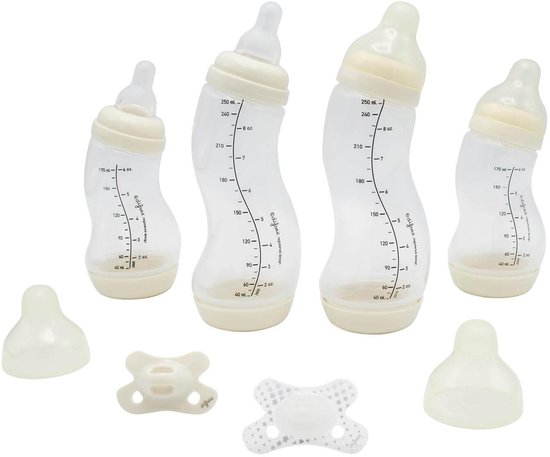 Difrax Newborn Babypakket - 2x 170 ml S-fles Crème - 2x 250ml S-fles Crème - 1x Newborn fopspeen Crème - 1x 0-6 maanden fopspeen Glow in the Dark