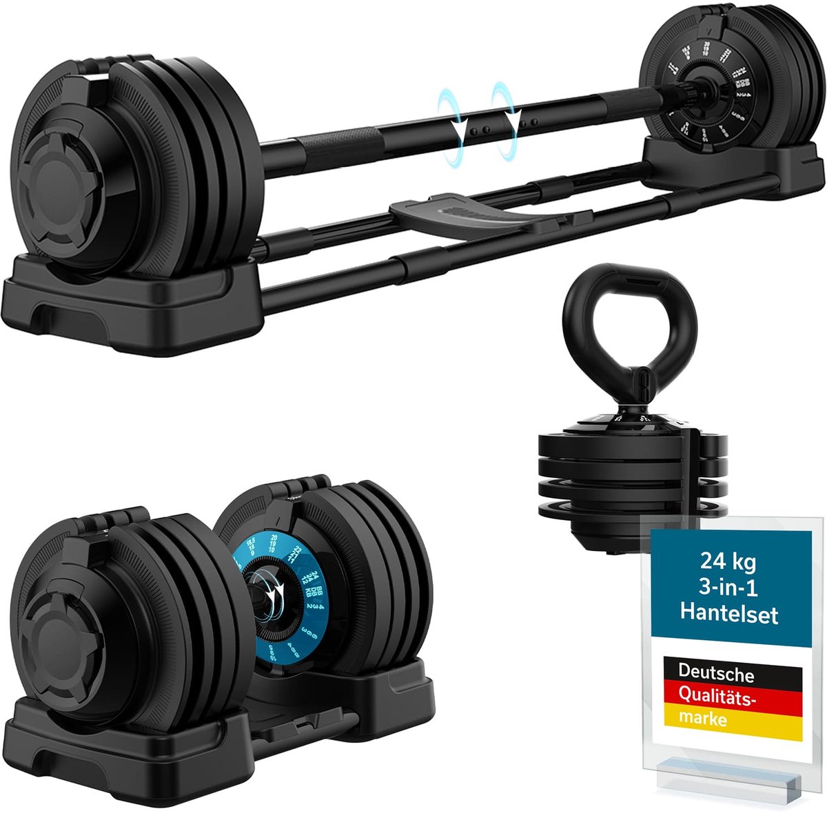 Skandika Halterset Paino, halterset verstelbaar - korte halter, lange halter en kettlebell, 12 niveaus, 2 tot 24 kg, snelle gewichtwisseling, dumbbell, verstelbare halters voor thuis, gym, fitness