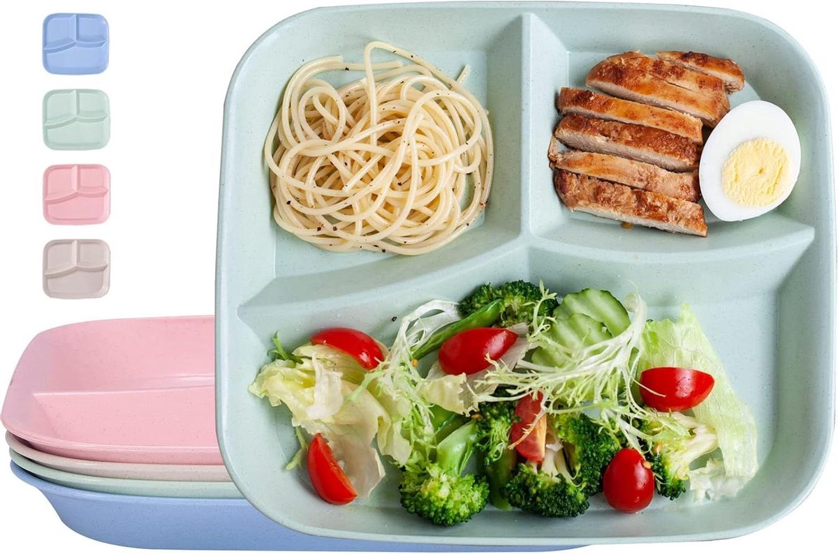 Cosensi - 4-delige servies set met onbreekbare vierkante dinerborden, 3 vakken - ideaal voor keuken en picknick in 4 kleuren