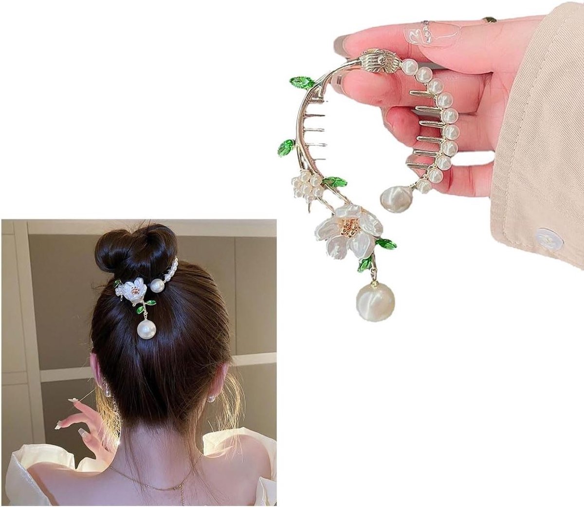 Cosensi - Haarclip dames camelia bloemen parel metaal grote vleesbal hoofdhaarclip