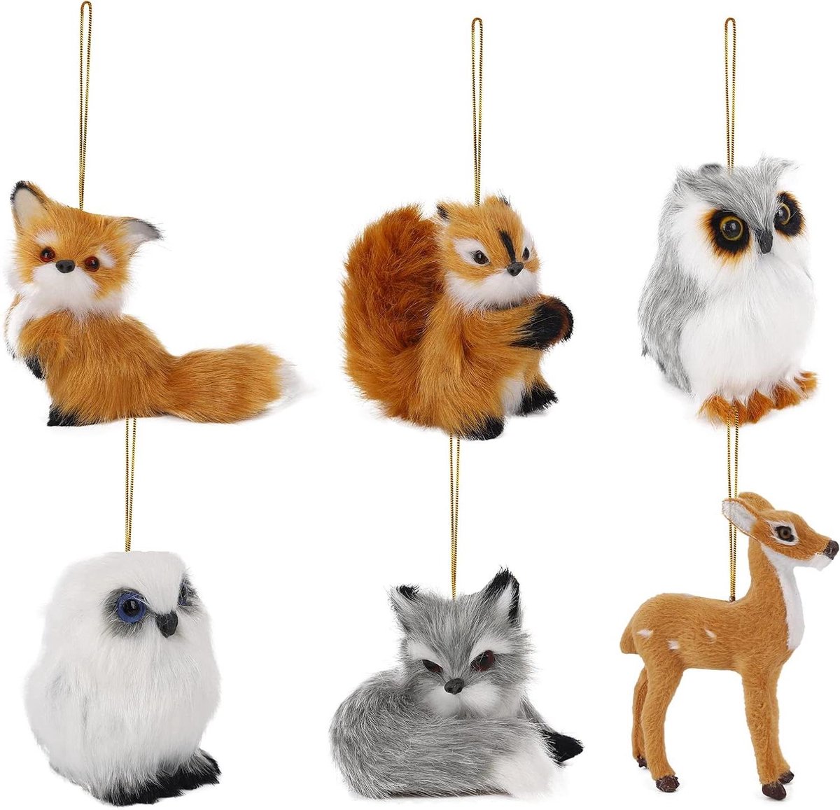 Cosensi - Pluche dierornamenten voor kerstboomdecoratie in Woodland thema met imitatiebont - Set van 6 stuks