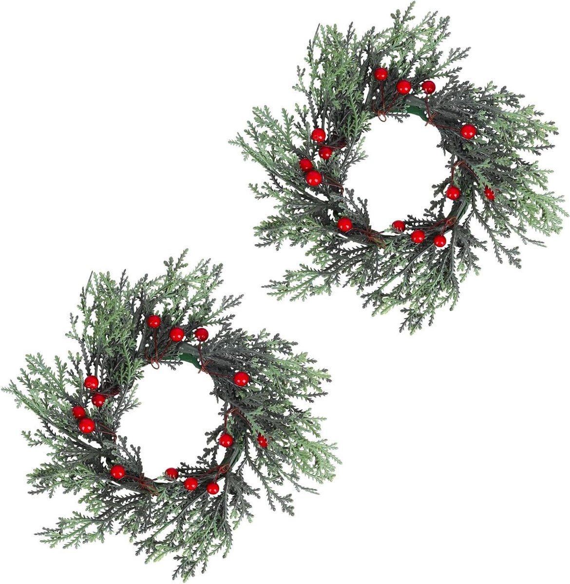 Cosensi - Mini kerstkaarskransen met rode bessen en dennentakken voor Xmas Kandelaar - Set van 2 - Decoratieve kerstkransen voor eettafeldecoratie tijdens de feestdagen