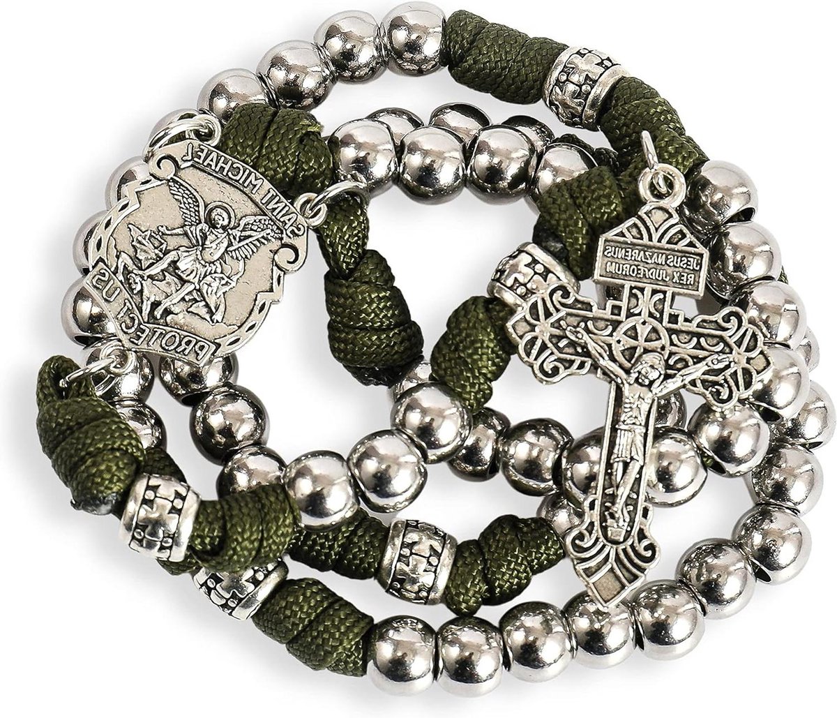 Cosensi - Rozenkrans Ketting met Sterke Metalen Kralen en St Michael Medaille