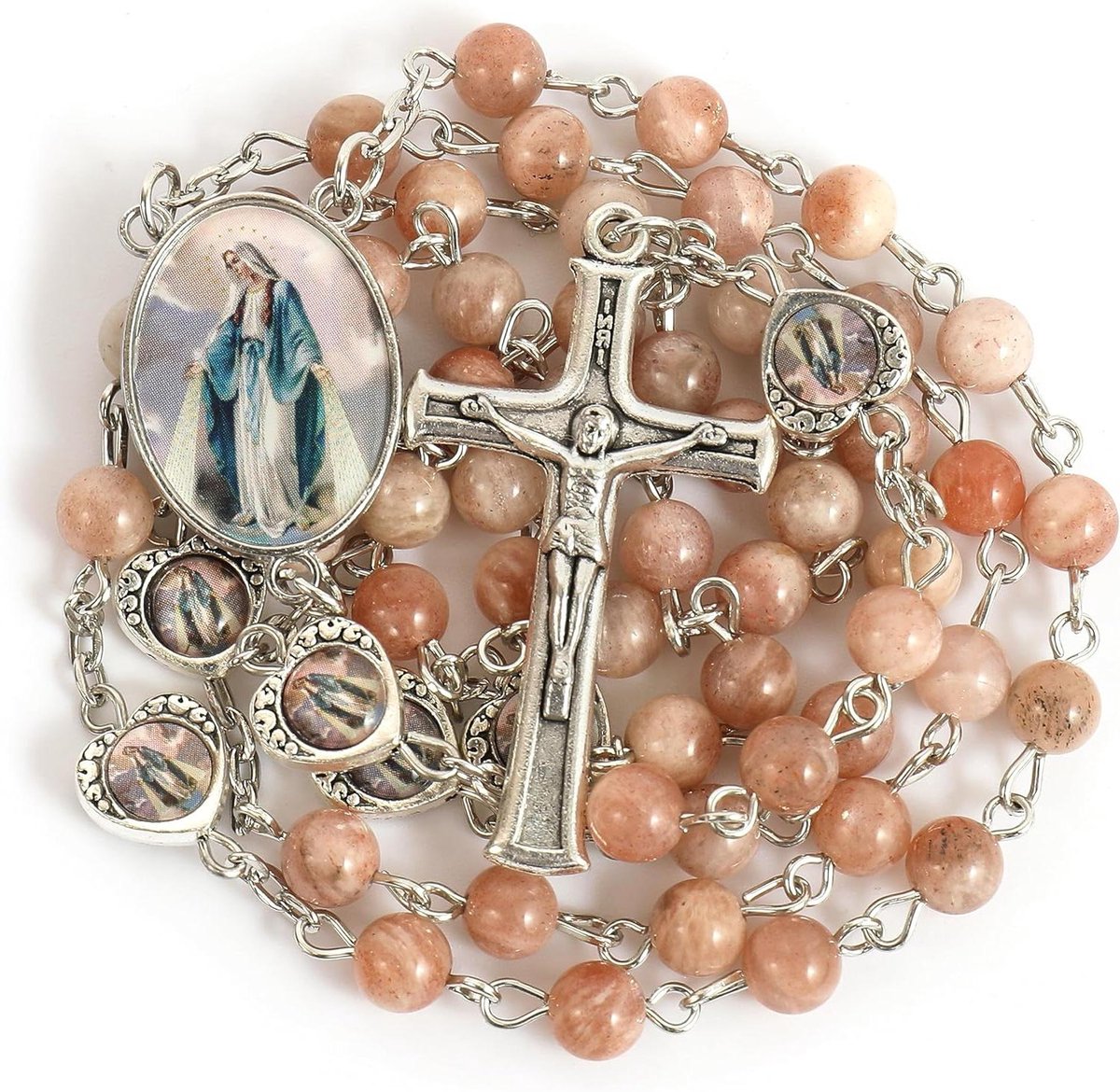 Cosensi - Natuursteen kralen met epoxy hart en metalen kralen rozenkrans ketting voor christelijke geschenken met edelsteen.