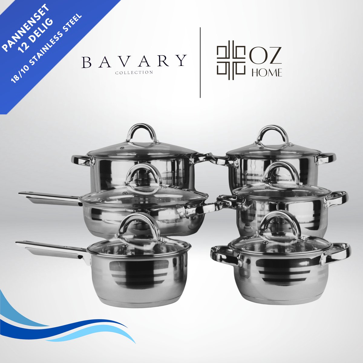 OZ HOME Bavary Pannenset 12-delig - 18/10 RVS - Inductiegeschikt - Stapelbaar - Glazen Deksels