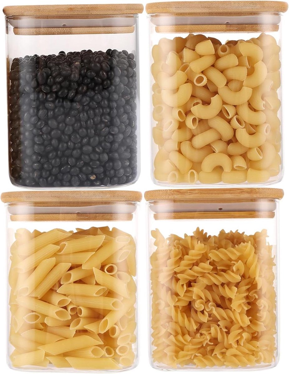 Cosensi - Voorraadpotten van 850 ml, vierkant, set van 4, luchtdicht met houten deksel