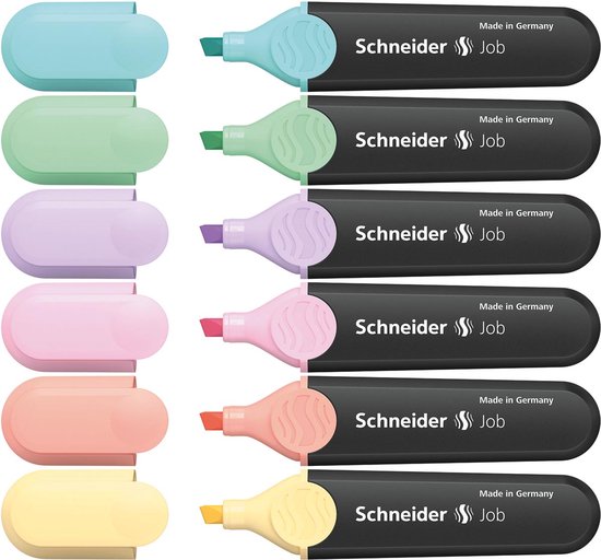 Six surligneurs Schneider Job pastel en bleu clair, vert clair, violet clair, rose, orange et jaune.