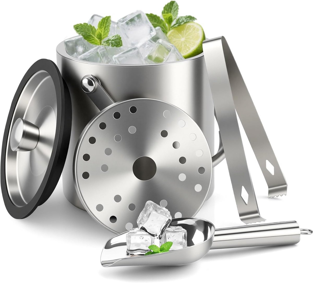 Stainless Steel Ice Bucket 1.6L with Lid, Clips and Strainer for Cooling Drinks