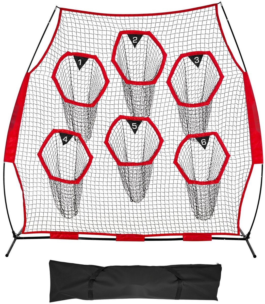 American Football Werpnet - Quarterback Oefennet - Met 6 Doelvakken - Afmeting 274 x 106 x 243 cm - Inclusief Opbergtas en Riemen - Nauwkeurigheidstraining - Rood