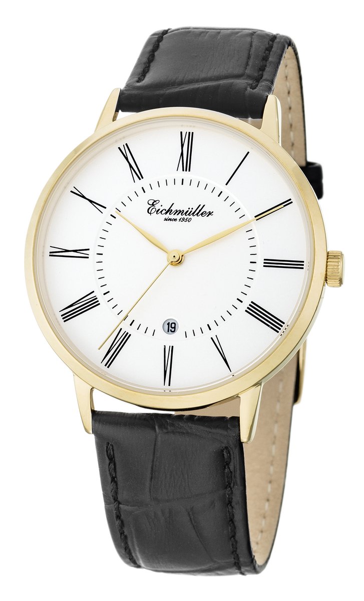 Eichmüller Klassiek XL Herenhorloge met Datum - Edelstaal Goud - Zwarte Horlogeband - Witte Wijzerplaat - Quartz Uurwerk - 41 mm