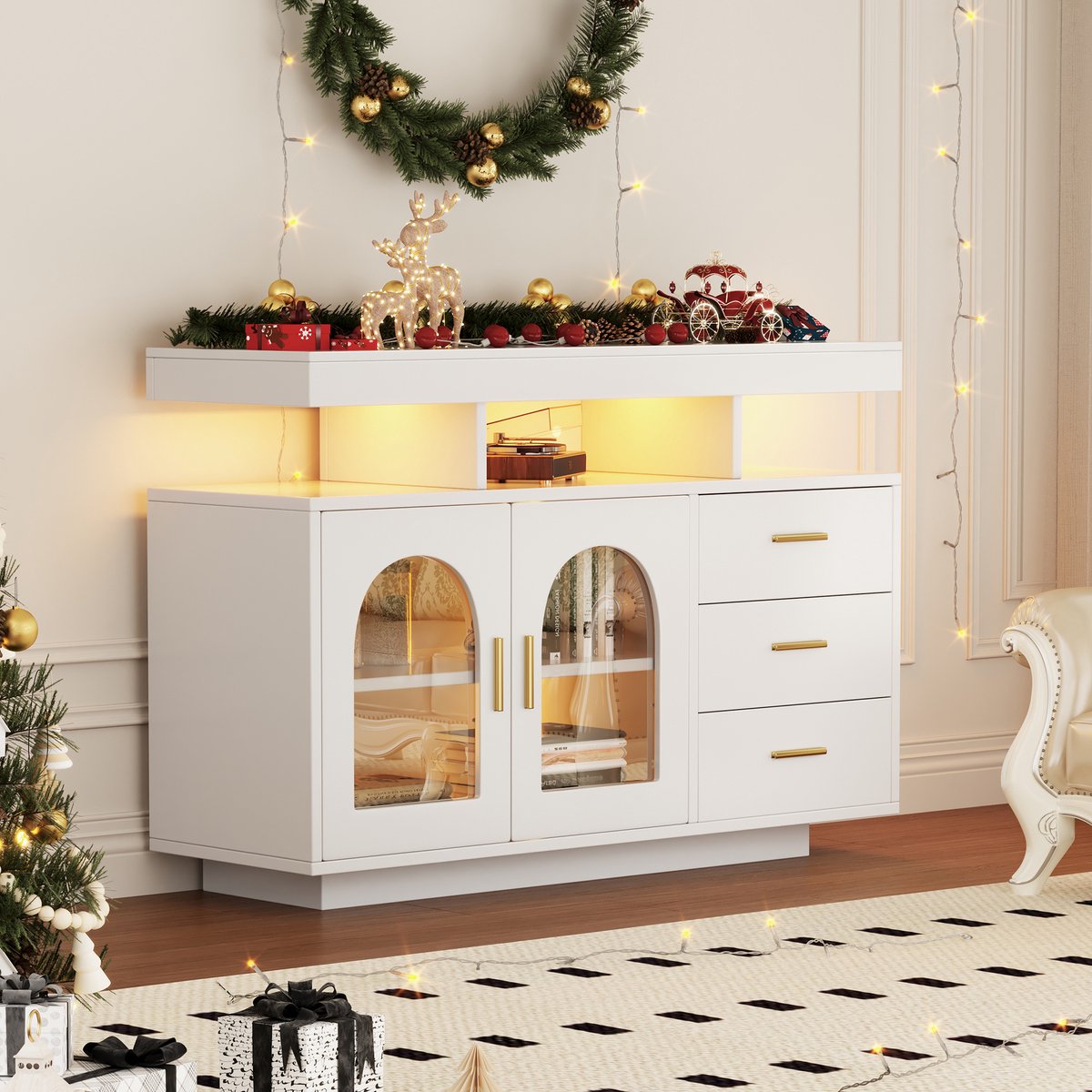 HAUSS SPOLE Dressoir - Hoogglans Buffetkast Met RGB-LED, USB-Aangedreven - 3 Lades 1 Deur 3 Open Vakken Voor Keuken En Woonkamer - Spaanplaat - 120x40x80 cm - Wit