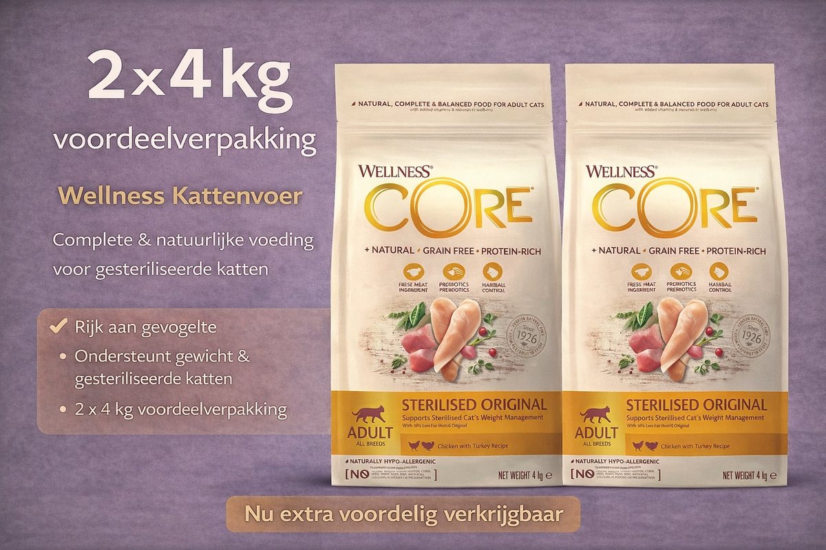 Wellness Core Wellness Core - Grain Free Cat Sterilised Kip | Kalkoen - Kattenvoer - 2 x 4 KG
