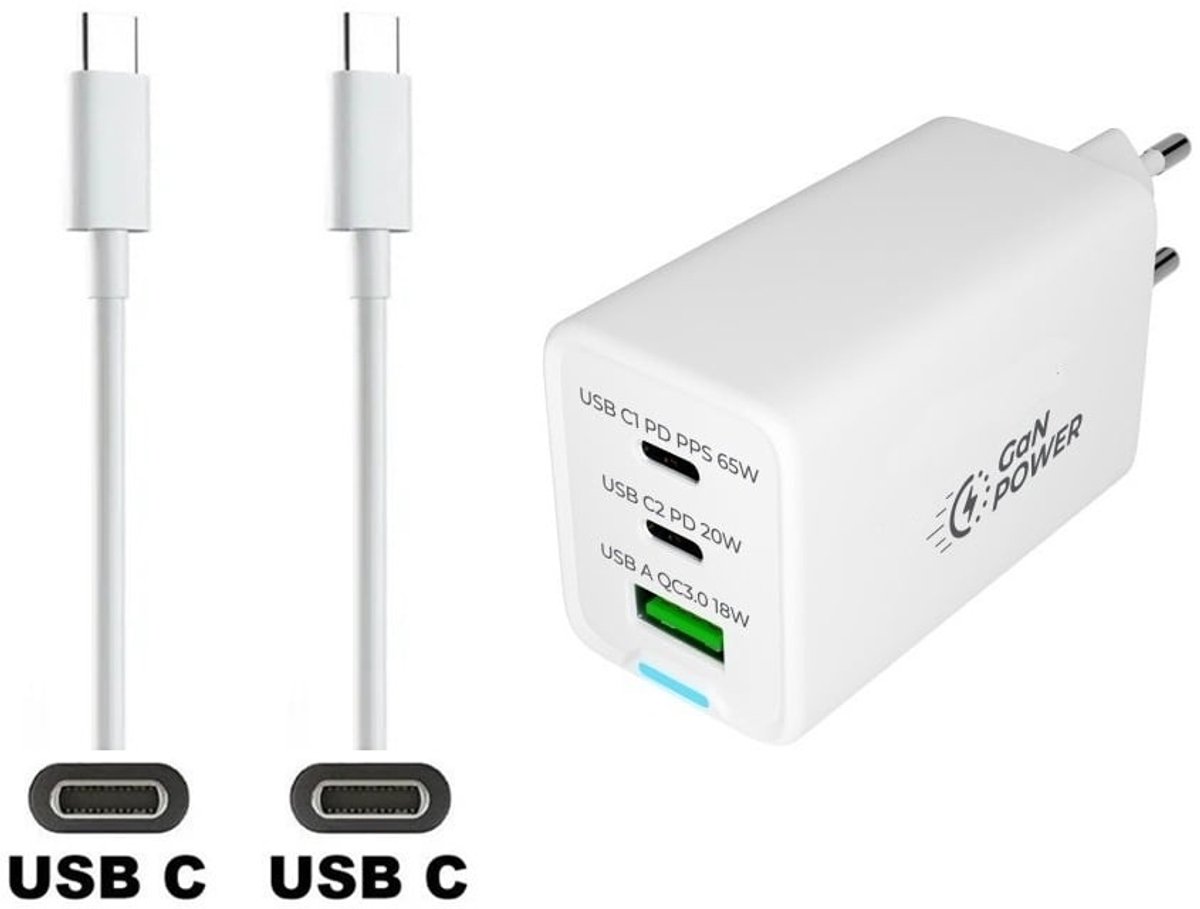 OneOne 65W super snellader met 3 poorten. Oplader met sterke 1,5m USB C naar C kabel. PPS GaN PD lader adapter past op Huawei Mate X5 / X6 / XT Ultimate, Mate 60 / 60 Pro / 60 Pro +, Mate 70 / 70 Pro / 70 Pro +, Enjoy 70x