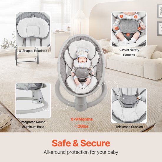 Draagbare babyschommel met 5 instelbare snelheden, afstandsbediening, touchscreen, Bluetooth-muziek, 10 slaapliedjes en 5-punts veiligheidsharnas voor baby's van 0-9 maanden tot 9 kg — afbeelding 2