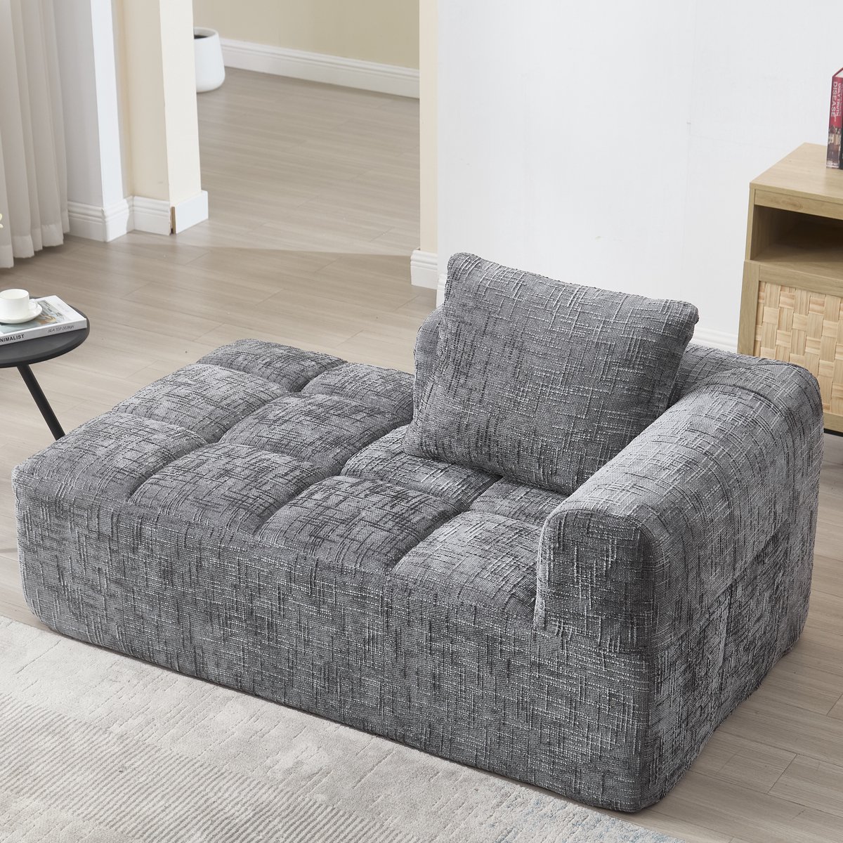 HAUSS SPOLE Sofa - Chaise Longue Comfort - Ligfunctie Met Kussen & Zijvakken - 158x90x60 cm - Loungesofa Woonkamer - Snelle Terugvering - Chenille Grijs
