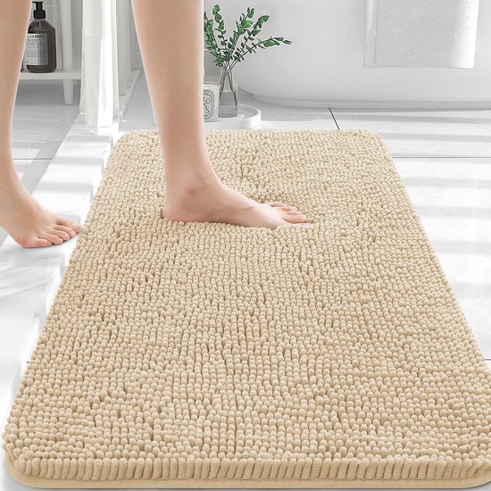 Homaxy Badmat – Tapis de douche absorbant – Chenille Salle de bain – Tapis de bain lavables – Beige – 61x91 cm