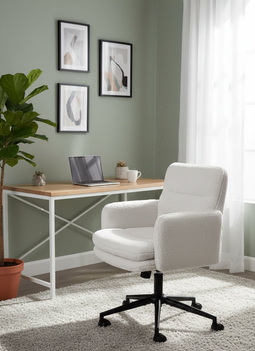 Ergonomische Bureaustoel met Imitatie Cashmere – Luxe Comfort Stoel met Verstelbare Zithoogte, Kantelfunctie, 360° Draaibaar, Stabiel Metaal Onderstel – Creme – House&Garden