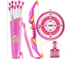 Pijl en boogset voor kinderen - LED-verlichte boogschietset met 10 pijlen met zuignappen, schietschijf en pijlkoker - Speelgoed voor binnen en buiten, jacht, cadeau voor jongens en meisjes - Roze