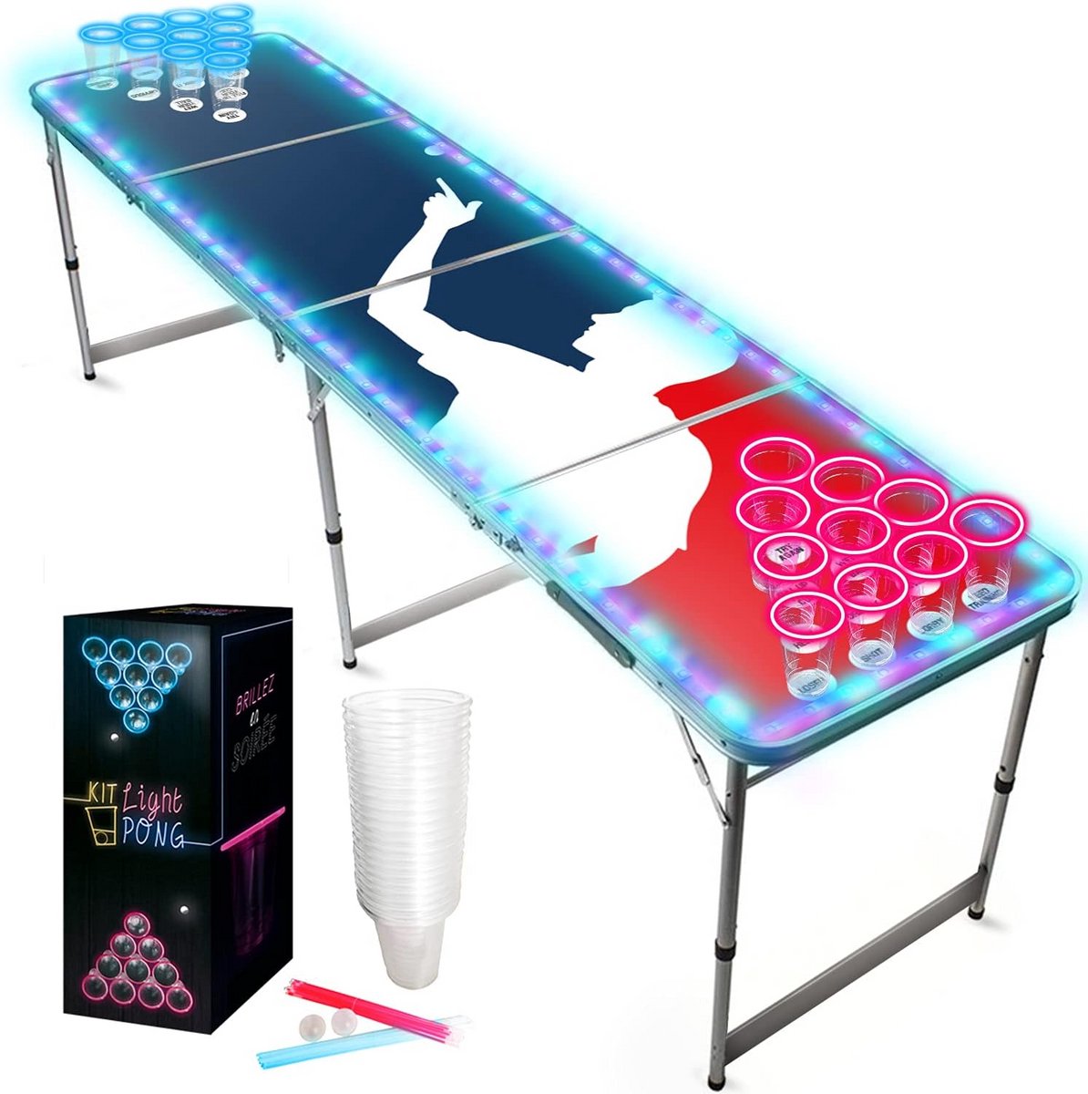 Complete Beer Pong Set met LED Verlichting - Inclusief Grote Tafel, Bekers, Fluo Sticks en Lichtballen