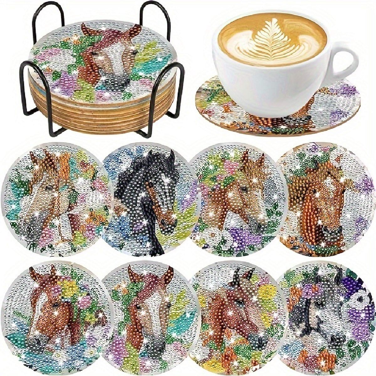 VDTOYS® DIAMOND PAINTING voor volwassenen - HORSE HEAD - Onderzetters - Coasters - Onderleggers - Ronde steentjes - 8 stuks - Compleet Hobbypakket - u koopt hier set AF PAARDENKOP