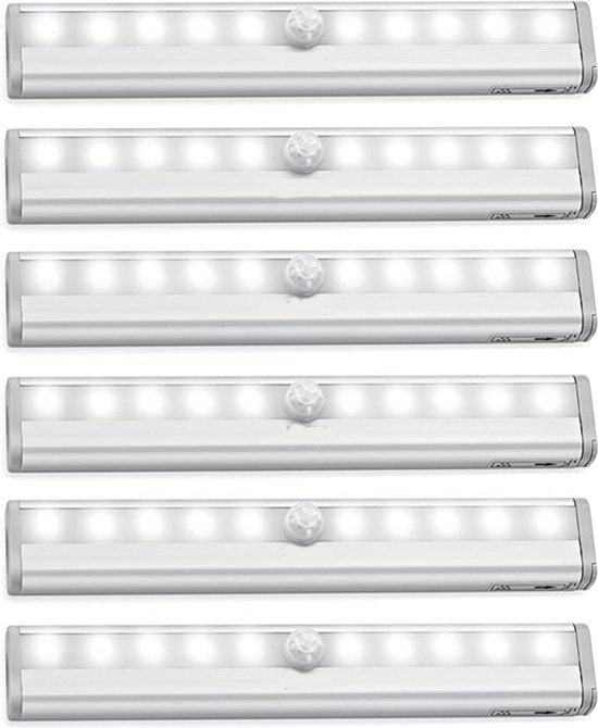 6 Stuks - Led verlichting met bewegingssensor - Kastverlichting - Op Batterijen- Trapverlichting - Keukenverlichting - 20CM - Sensorlicht - Koud wit licht