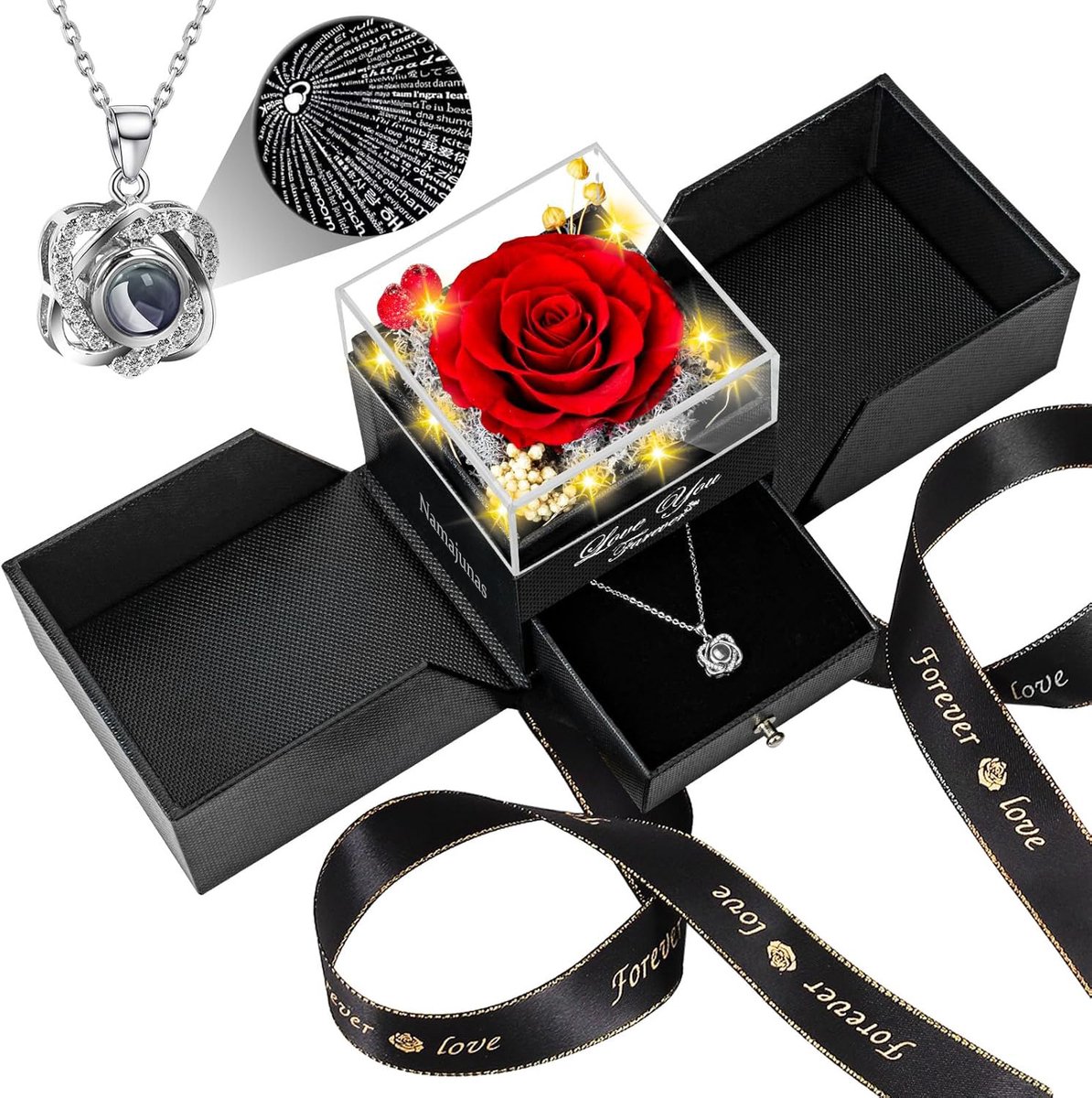 Namajunas - Roses of Eternity - Roos met Hartjes Ketting en Hanger in Sierradendoos - Luxe Geschenkdoos – Romantisch Juwelendoos Cadeau voor Vrouw, Vriendin of Moeder – Kerstcadeau, Valentijn, Verjaardag, Jubileum & Moederdag