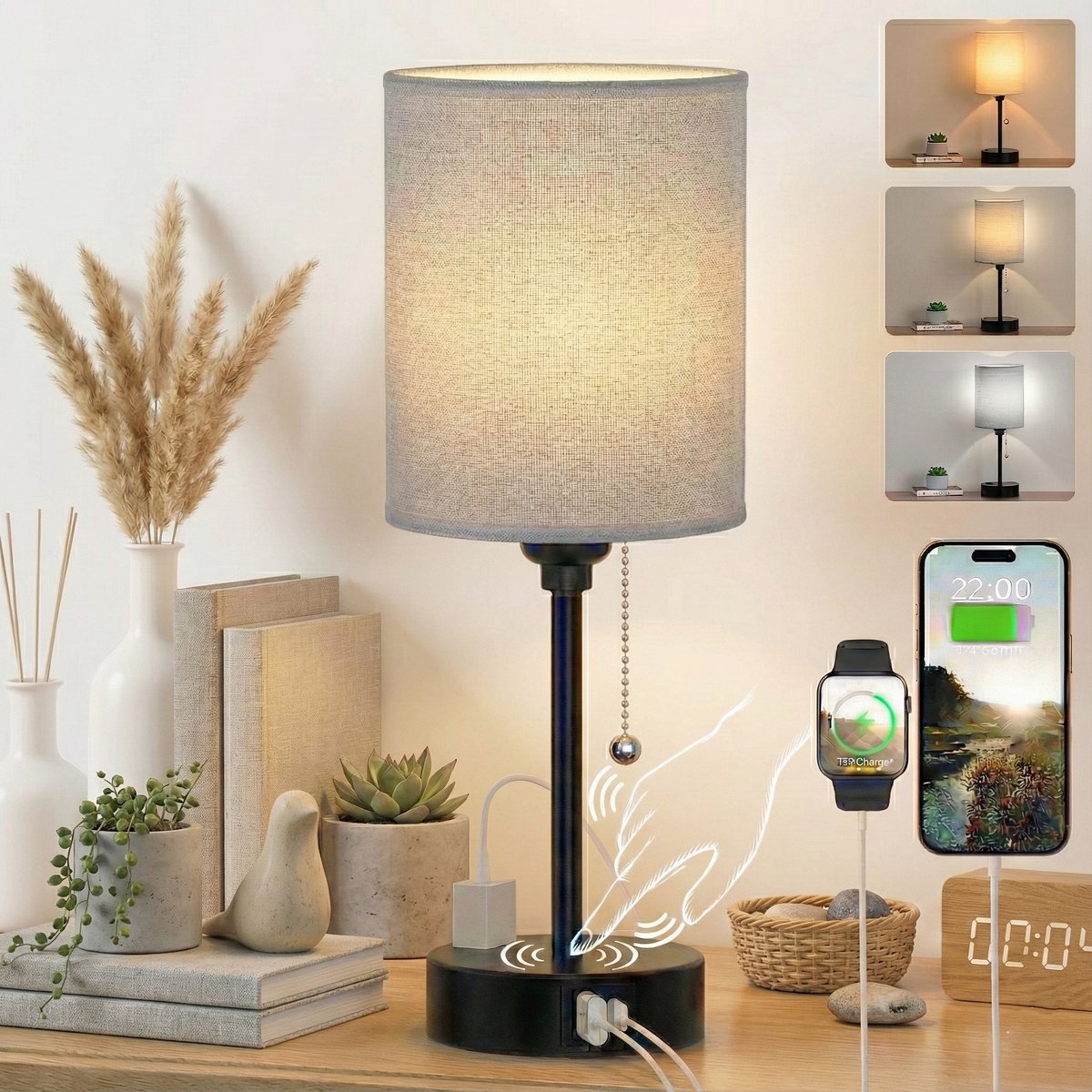 MUPOO Linnen tafellamp Met Oplaadfunctie met USB C & A Poort -Inclusief E27 LED Lamp-3 Lichtkleuren (2700K-5000K)-Trekkoord Bediening-bedlampjes leeslampjes slaapkamervolwassenen-grijs