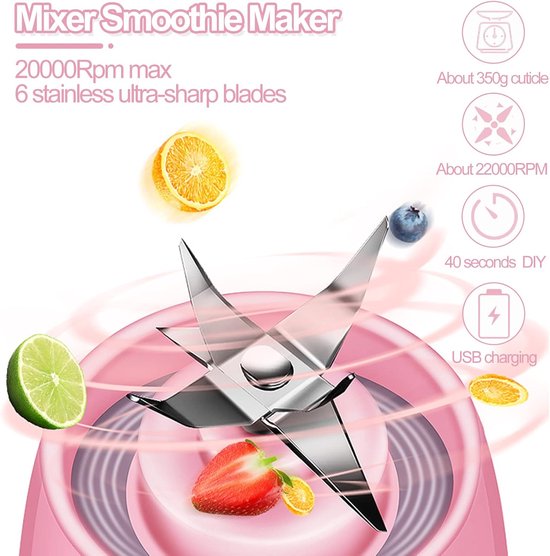 Draagbare mini-blenderbeker, 380 ml elektrische blenderbeker voor vers sap, met USB-oplaadbare mini-blender, geschikt voor het maken van smoothies, sappen en ijs, perfect voor op reis en tijdens het sporten - Roze van Merkloos — afbeelding 4
