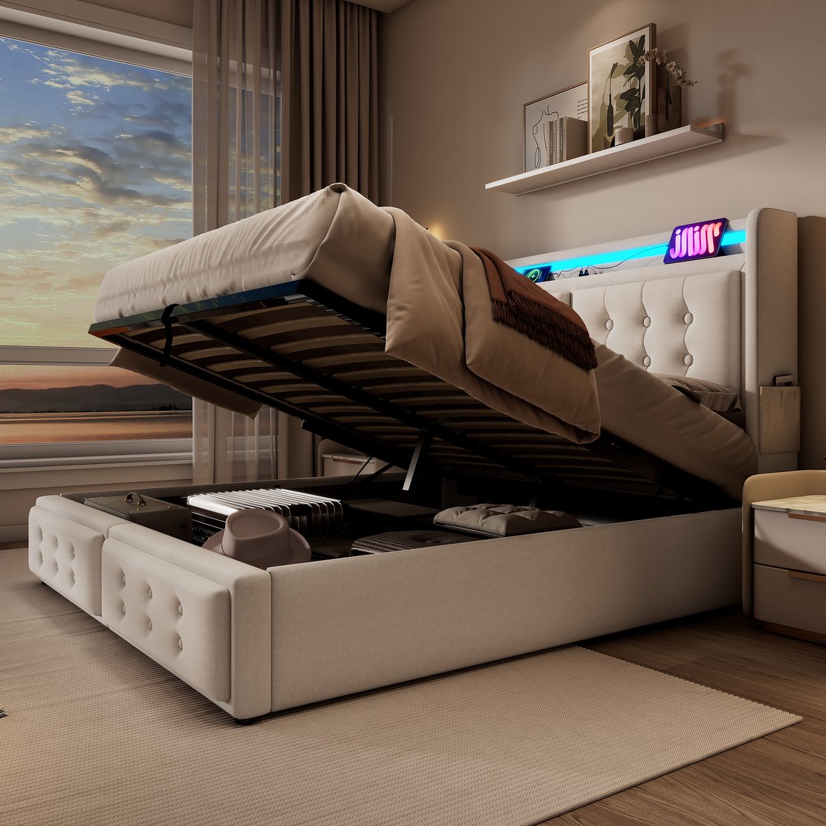 Merax 180x200 cm gestoffeerd bed - tweepersoonsbed met LED-verlichting en USB-C oplaadfunctie - met opbergruimte - beige - zonder matras