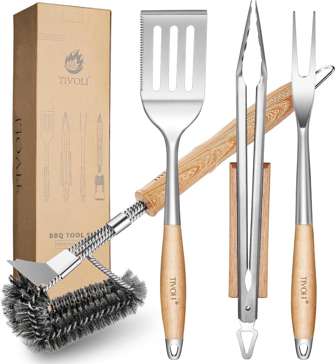 4-delige Grillset met Houten Handgrepen voor Barbecue en Buiten koken
