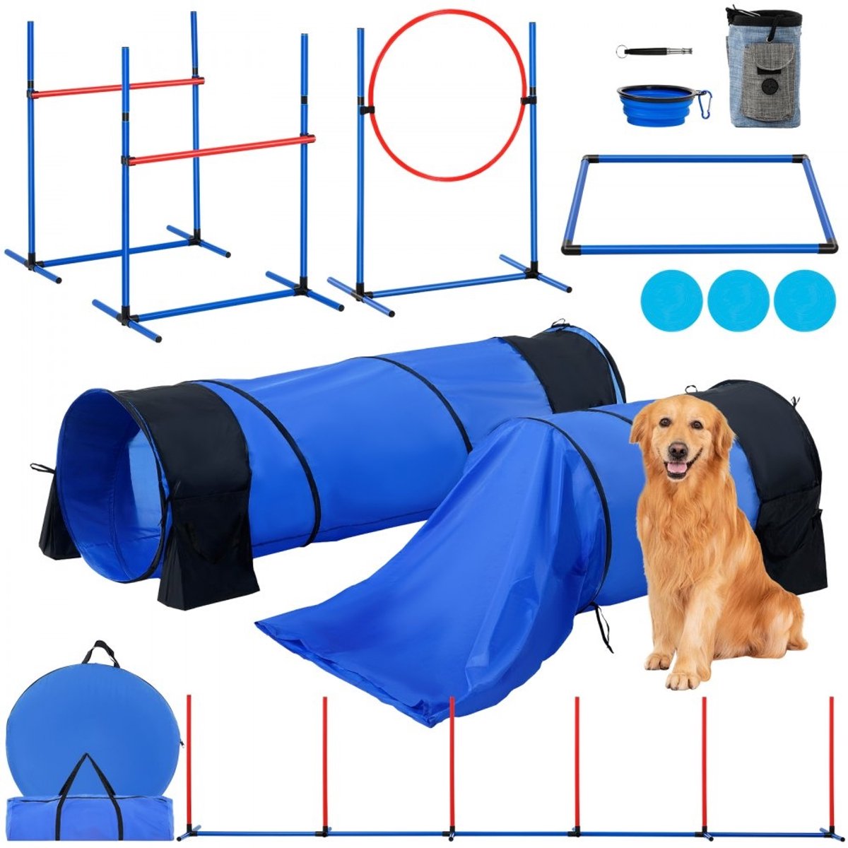 Behendigheidsset voor Honden - Agility Hindernisbaan 7-Delig - Verstelbare Horden - Zes Slalompalen - Twee Tunnels - Springring - Drie Draagtassen - Drie Frisbees & Fluitje