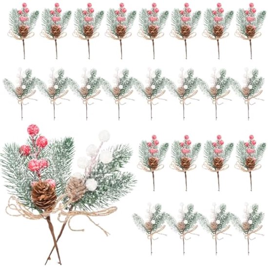 25 stuks kerst kunstmatige dennenappel bessen set,decoratieve arrangementen,Kleine kunstdennentakken met bessen en dennenappels,kerstkrans maken decoratie kerstboom ornament thuis winter feest