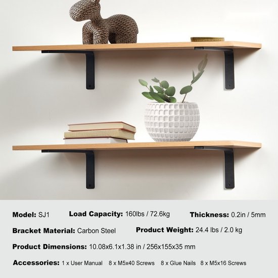 Twee houten planken gemonteerd met matzwarte L-vormige plankdragers. Model SJ1, draagvermogen 72,6 kg, dikte 5 mm.