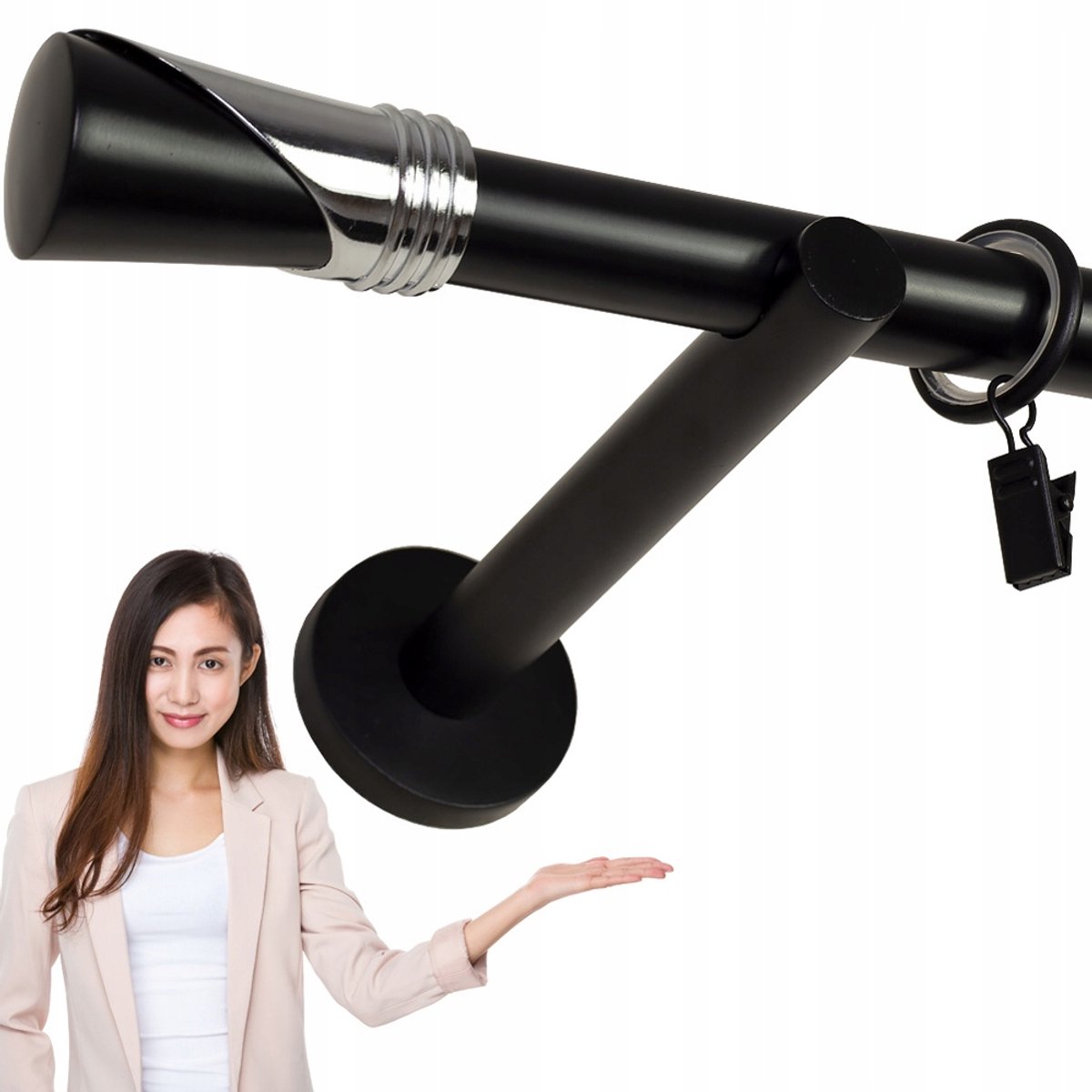 Zwarte enkele gordijnroede, 340 cm, 19 mm, stille ringen, Loki-afwerking
