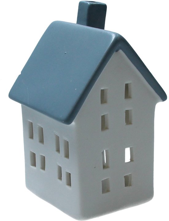 Waxine houder - Decoratie huisje - Waxinelichtje - Wit, grijs - 13 cm