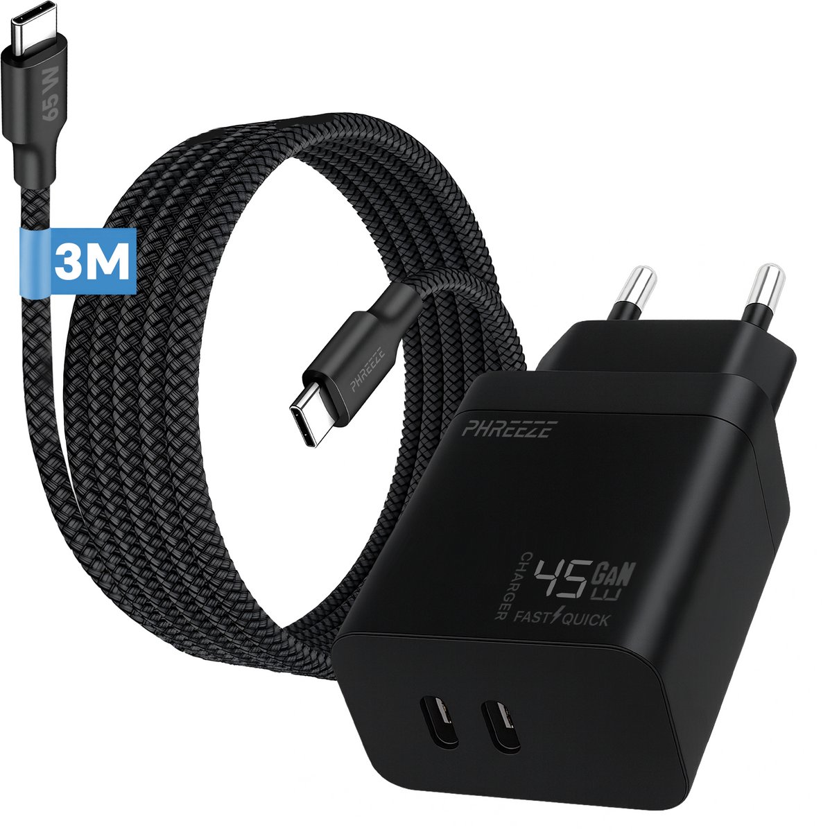 Phreeze usb C adapter 45 W - Usb C naar usb C kabel 3 m - Power Delivery snellader met 2 poorten