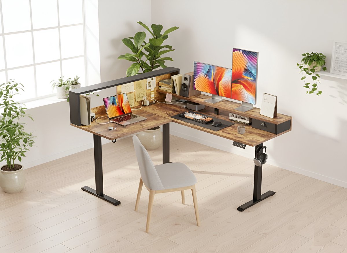 In hoogte verstelbaar L-vormig bureau met LED-verlichting en geheugenfunctie 160x140 cm – Elektrisch hoekbureau met opslagrekken, T-frame, schokabsorptie & FSC-houten blad – Modern thuis- en kantoorbureau – HomeByNicole