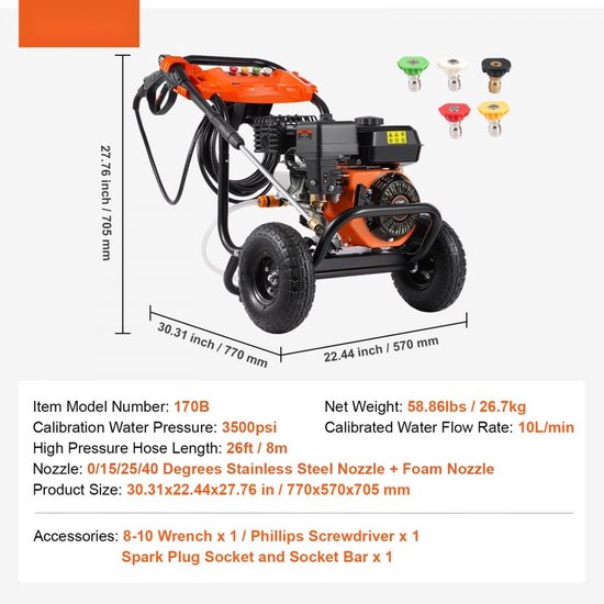 Hogedrukreiniger - Benzine - Max 3500 PSI (241 bar) - Debiet 10 L/min - Aluminium Pomp - Hogedrukpistool en Verlengstok - Set van 5 Sproeiers - Terrasreiniger Opzetstuk — afbeelding 4