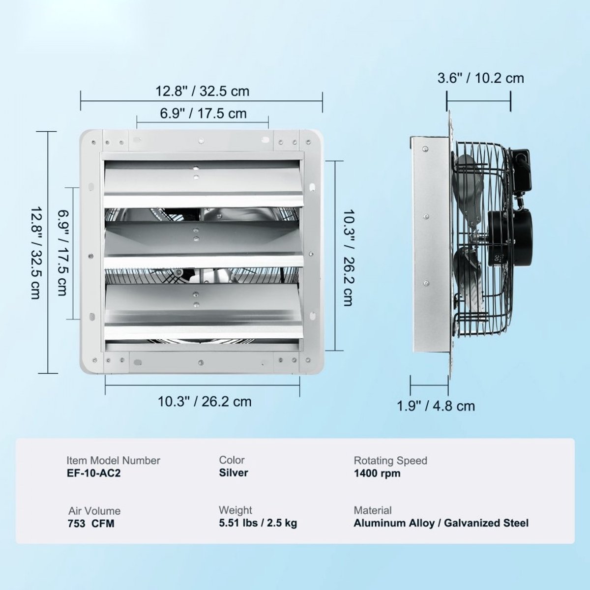 Afzuigventilator - Wand-/muurventilator - Diameter 25,4 cm - 1400 rpm - Luchtstroom 1280 m³/u - AC-motor - Aluminium - Voor Kas, Garage, Schuur