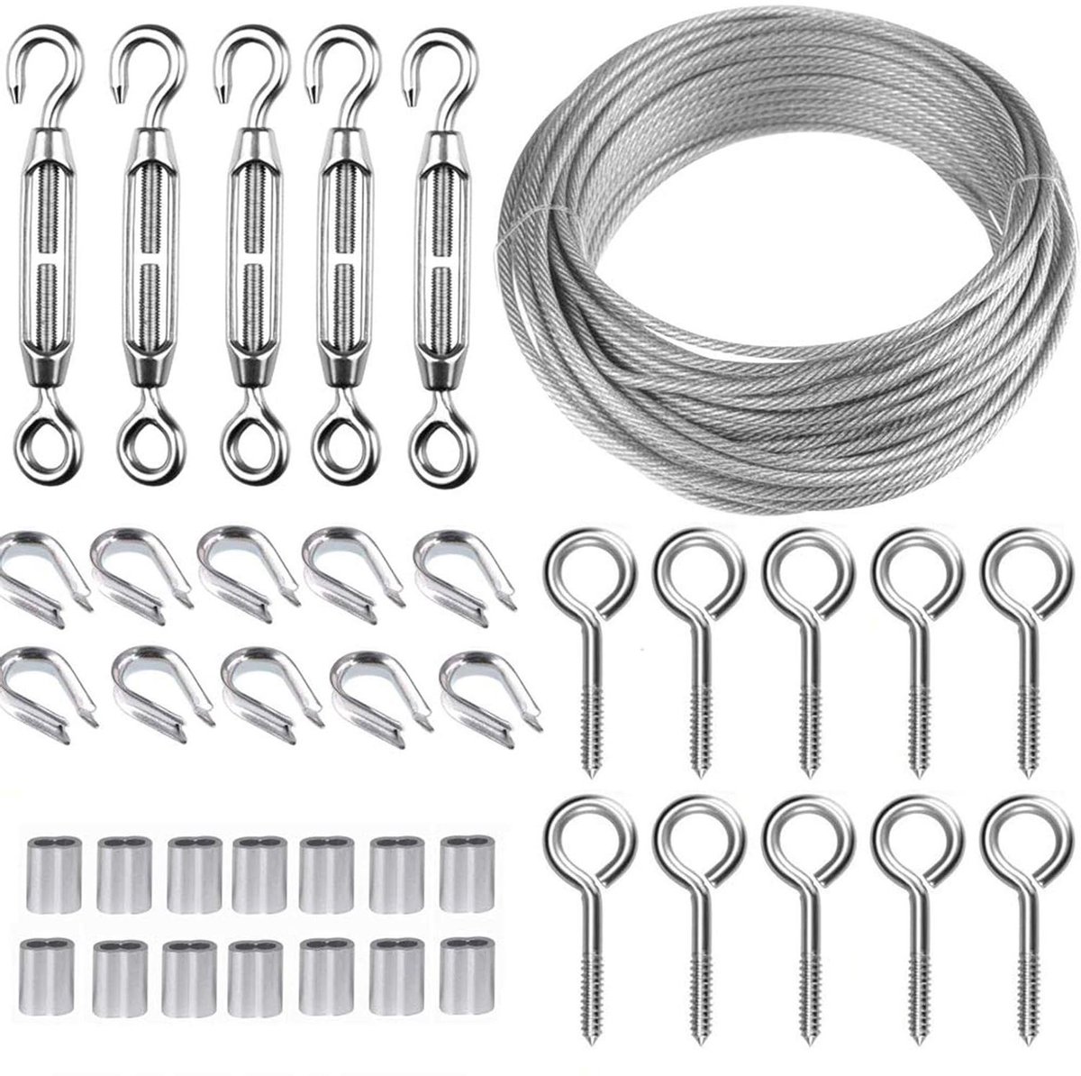 EGoods - Tuindraad set 30 meter roestvrijstalen kabel met M5 spanschroef en PVC gecoate staalkabel - Hekdraad, kabelreling, wijnstok ogen