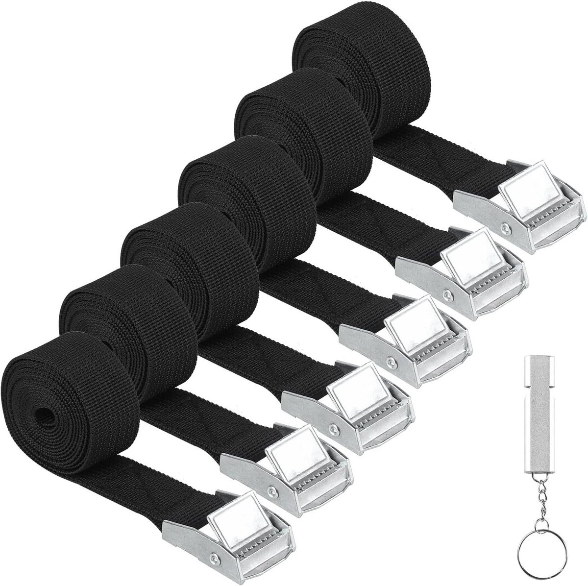 EGoods - Set van 6 zwarte korte spanbanden 25 mm x 0,5 m voor fiets, motorfiets, auto en bagage met ratel en fluitje