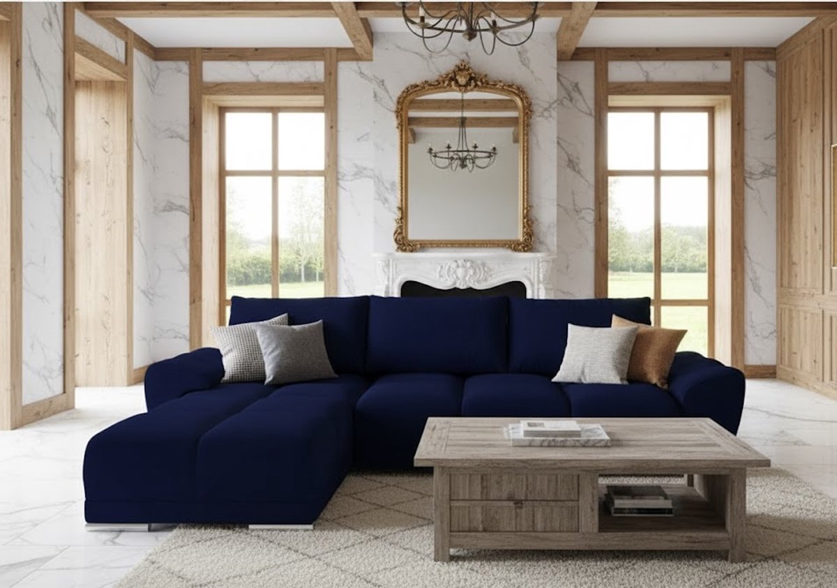 L-Vormige Fluwelen Hoekbank met Slaapfunctie en Opbergruimte – Luxe Uittrekbare Slaapbank 289x189 cm met Kussens – Comfortabele Donkerblauwe Hoekbank Bedfunctie – CollFeel Schuim – Ganeey