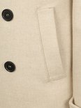 Crèmekleurige wollen jas, detail van zakopening met knopen en stiksels.