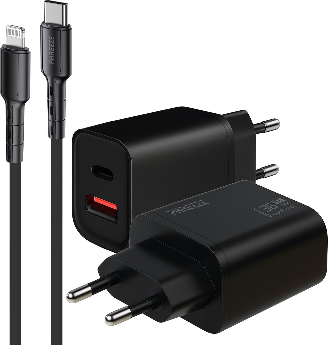 Phreeze 35w dual usb C oplader geschikt voor iPhone en iPad met Lightning kabel 1m - Power Delivery snellader