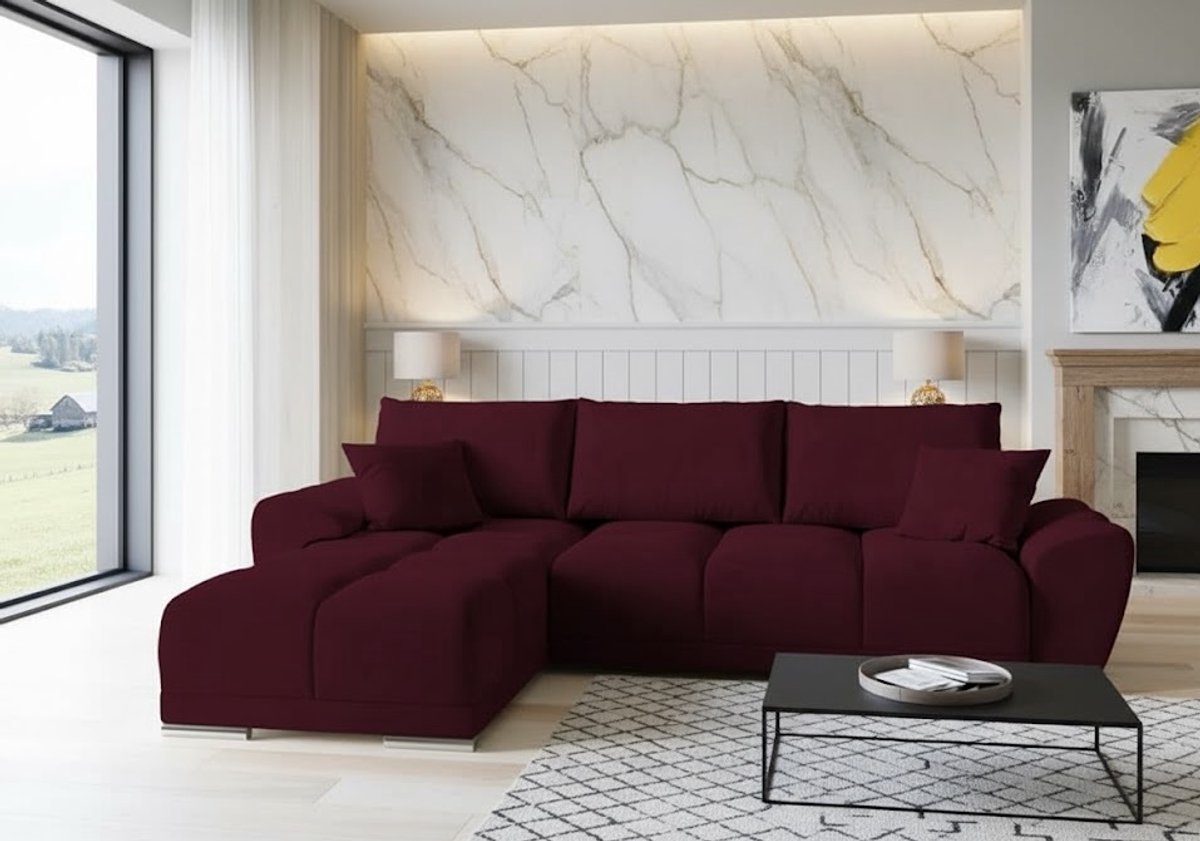 L-vormige Fluwelen Hoekbank met Slaapfunctie & Opbergruimte 289x189 cm – Luxe Uittrekbare Slaapbank met CollFeel Schuim, Kussens & Bedfunctie – Comfortabele Hoekbank voor 3 Personen in Kastanjebruin – Ganeey
