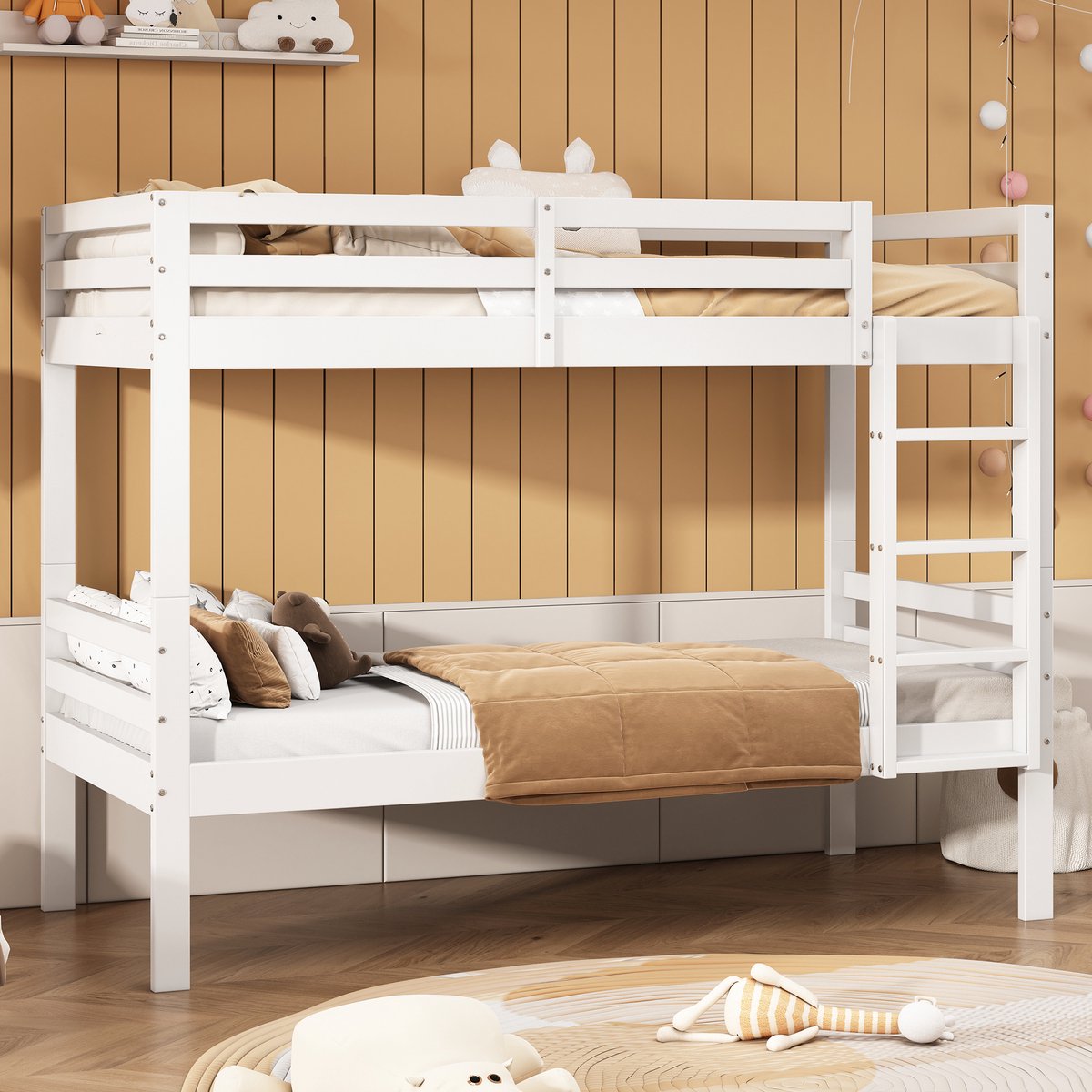 OKWISH Kinderstapelbed - 90x200 - Hoogslaper Met 3-Traps Rechte Ladder - Veiligheidshek En Multifunctioneel - Hout - Wit