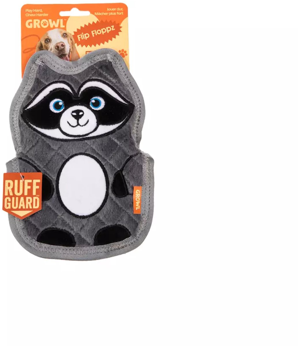 Growl Flip Floppz Hondenspeeltje met 3 Piepers - Pluche Hondenspeelgoed - Kauwspeelgoed en Trektouw voor Alle Honden - Randy de Wasbeer