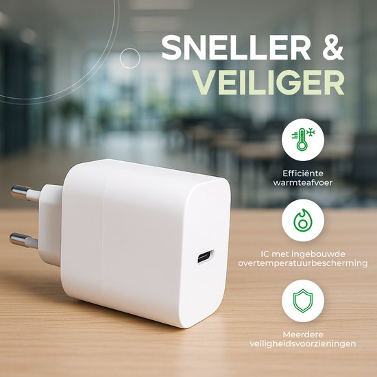 Witte 40W USB-C oplader met efficiënte warmteafvoer en ingebouwde beveiliging.